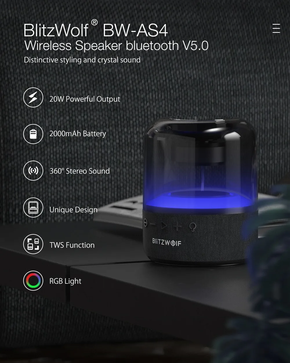 BlitzWolf BW-AS4 20W Wireless Speaker bluetooth 5.0 with 360°Stereo Sound